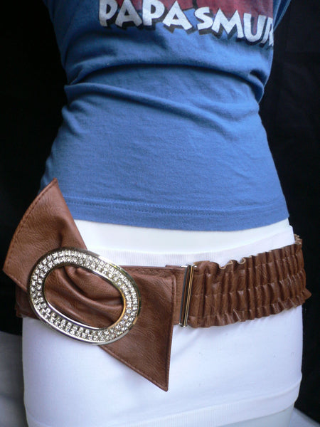 Brown / Red Faux Leather Elastic Bend Hip Belt Big Bow Multi Rhinestones Oval Buckle New Women Fashion Accessories Size XS S M - alwaystyle4you - 6