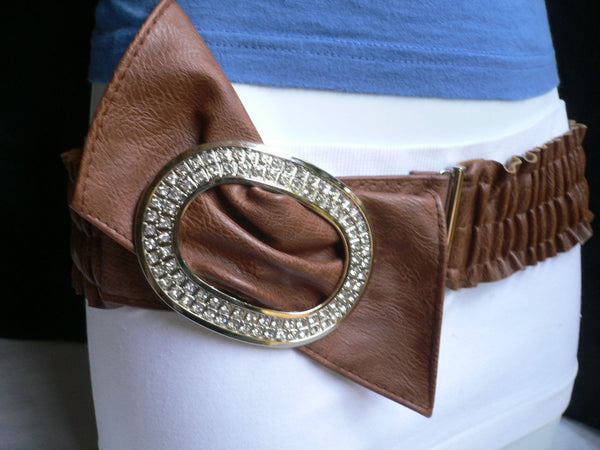 Brown Red Faux Leather Belt Big Bow Multi Rhinestones Oval Buckle Women Accessories XS M