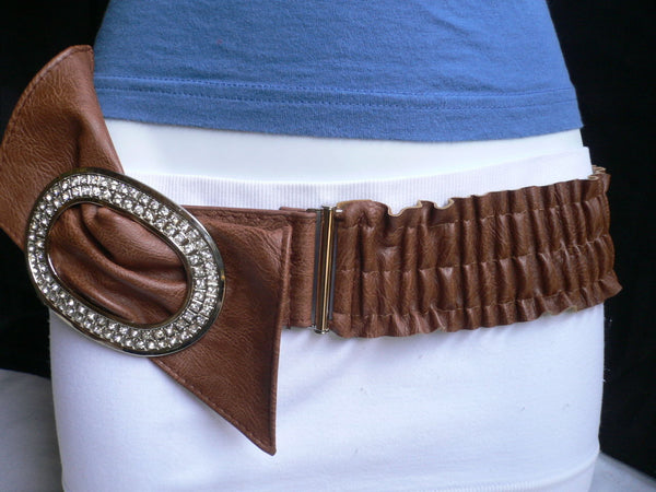 Brown / Red Faux Leather Elastic Bend Hip Belt Big Bow Multi Rhinestones Oval Buckle New Women Fashion Accessories Size XS S M - alwaystyle4you - 9