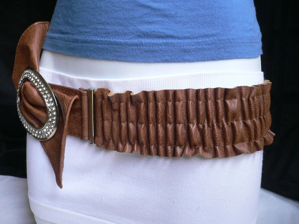 Brown / Red Faux Leather Elastic Bend Hip Belt Big Bow Multi Rhinestones Oval Buckle New Women Fashion Accessories Size XS S M - alwaystyle4you - 10
