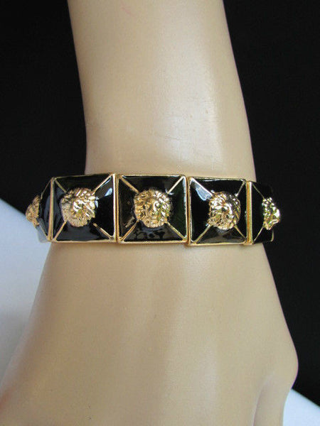 Gold Metal Elastic Bracelet Multi Mini Lion Head Black Squares New Women Fashion Accessories