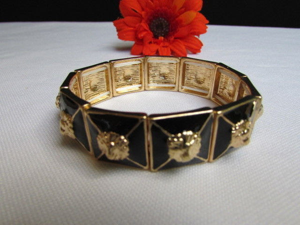 Gold Metal Elastic Bracelet Multi Mini Lion Head Black Squares New Women Fashion Accessories - alwaystyle4you - 4