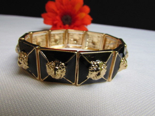 Gold Metal Elastic Bracelet Multi Mini Lion Head Black Squares New Women Fashion Accessories - alwaystyle4you - 6
