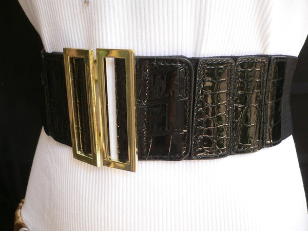 Women Black Belt Faux Leather Stretch Fabric Hip Waist Gold Metal Buckle New Fashion Accessories S-L