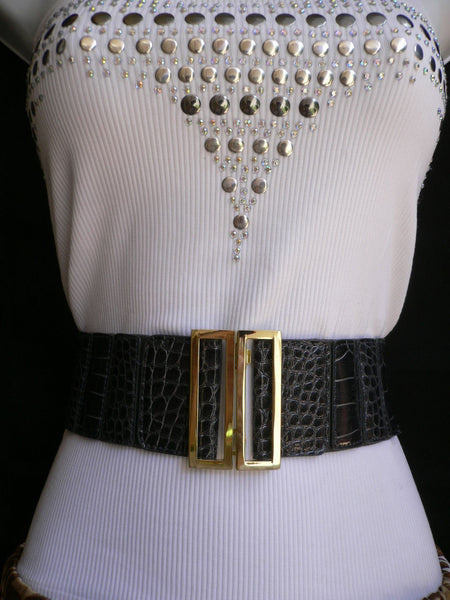 Women Black Belt Faux Leather Stretch Fabric Hip Waist Gold Metal Buckle New Fashion Accessories S-L