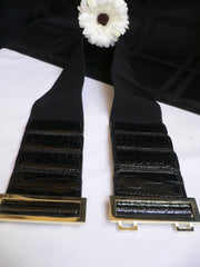 Women Black Belt Faux Leather Stretch Fabric Hip Waist Gold Metal Buckle S-L