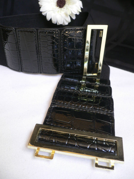Women Black Belt Faux Leather Stretch Fabric Hip Waist Gold Metal Buckle New Fashion Accessories S-L