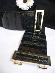 Women Black Belt Faux Leather Stretch Fabric Hip Waist Gold Metal Buckle S-L