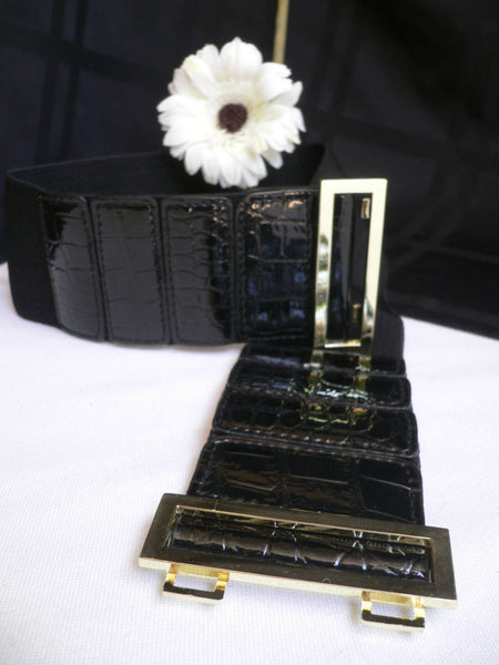 Women Black Belt Faux Leather Stretch Fabric Hip Waist Gold Metal Buckle New Fashion Accessories S-L