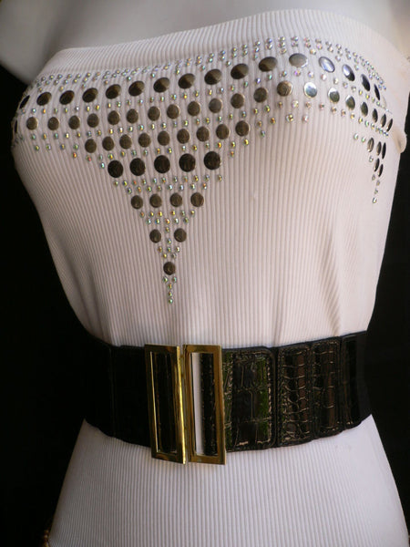 Women Black Belt Faux Leather Stretch Fabric Hip Waist Gold Metal Buckle New Fashion Accessories S-L