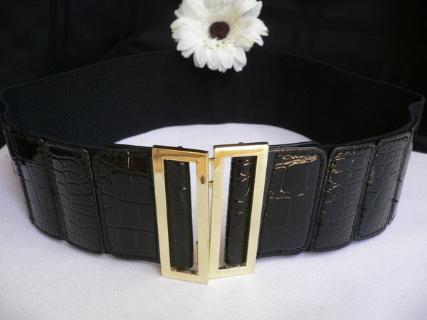 Women Black Belt Faux Leather Stretch Fabric Hip Waist Gold Metal Buckle New Fashion Accessories S-L