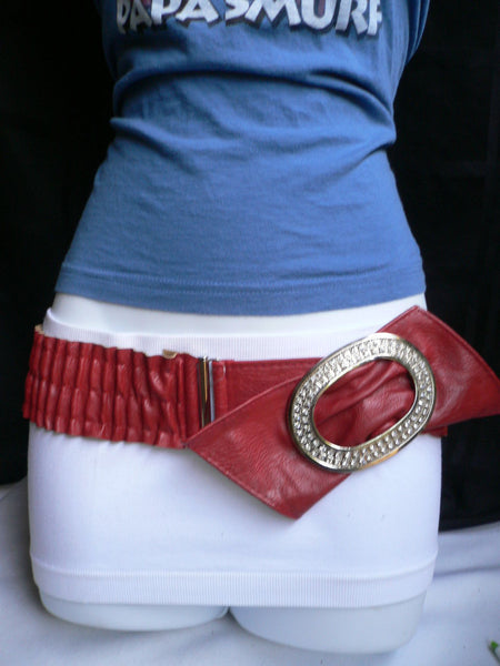 Brown / Red Faux Leather Elastic Bend Hip Belt Big Bow Multi Rhinestones Oval Buckle New Women Fashion Accessories Size XS S M - alwaystyle4you - 18