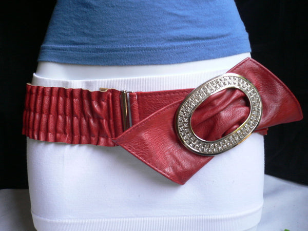 Brown / Red Faux Leather Elastic Bend Hip Belt Big Bow Multi Rhinestones Oval Buckle New Women Fashion Accessories Size XS S M - alwaystyle4you - 11