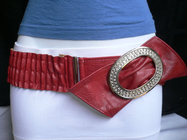 Brown / Red Faux Leather Elastic Bend Hip Belt Big Bow Multi Rhinestones Oval Buckle New Women Fashion Accessories Size XS S M - alwaystyle4you - 13