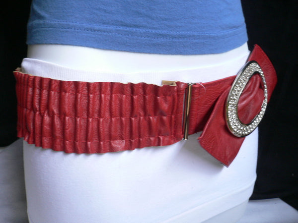 Brown / Red Faux Leather Elastic Bend Hip Belt Big Bow Multi Rhinestones Oval Buckle New Women Fashion Accessories Size XS S M - alwaystyle4you - 14