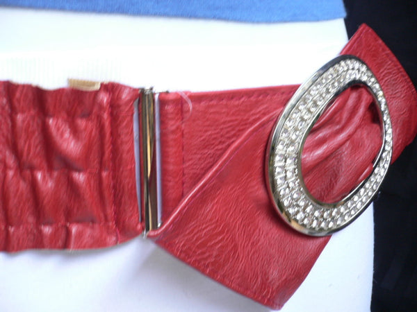 Brown / Red Faux Leather Elastic Bend Hip Belt Big Bow Multi Rhinestones Oval Buckle New Women Fashion Accessories Size XS S M - alwaystyle4you - 16