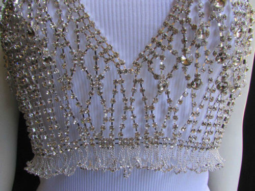 Silver Metal Chains Full Body Statement Jewelry Rhinestones Skirt Bra Top Women Accessories XS-M