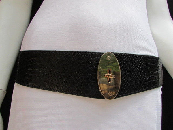 Brown / Black Faux Leather Waist Hip Elastic Belt Big Gold Oval Buckle New Women Fashion Accessories XS To M - alwaystyle4you - 15