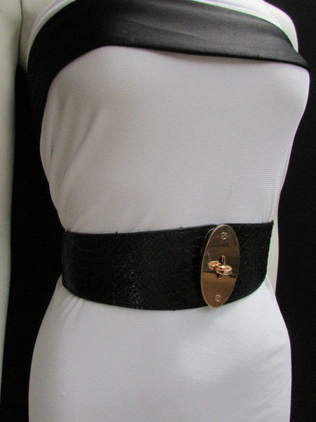 Brown / Black Faux Leather Waist Hip Elastic Belt Big Gold Oval Buckle New Women Fashion Accessories XS To M - alwaystyle4you - 16