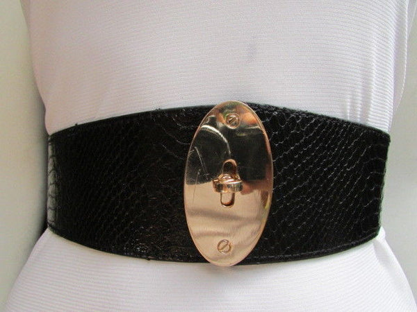 Brown / Black Faux Leather Waist Hip Elastic Belt Big Gold Oval Buckle New Women Fashion Accessories XS To M - alwaystyle4you - 2