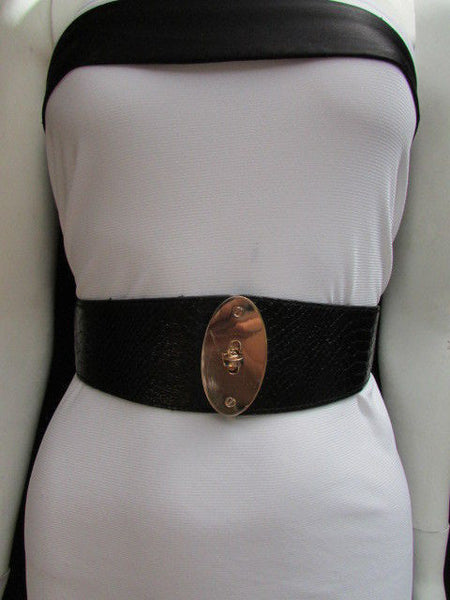 Brown / Black Faux Leather Waist Hip Elastic Belt Big Gold Oval Buckle New Women Fashion Accessories XS To M - alwaystyle4you - 17