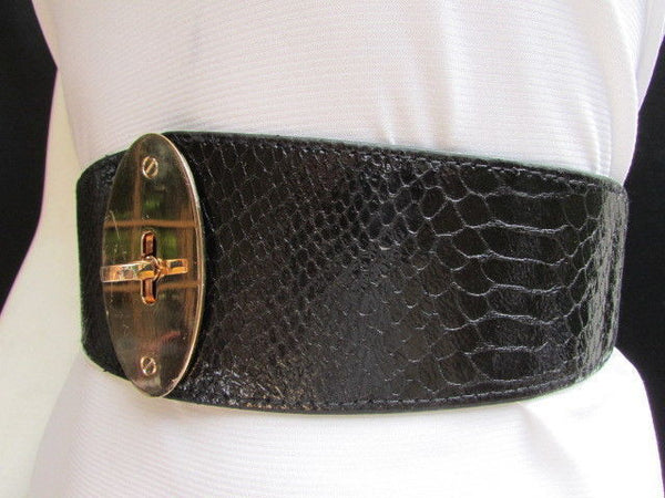 Brown / Black Faux Leather Waist Hip Elastic Belt Big Gold Oval Buckle New Women Fashion Accessories XS To M - alwaystyle4you - 18