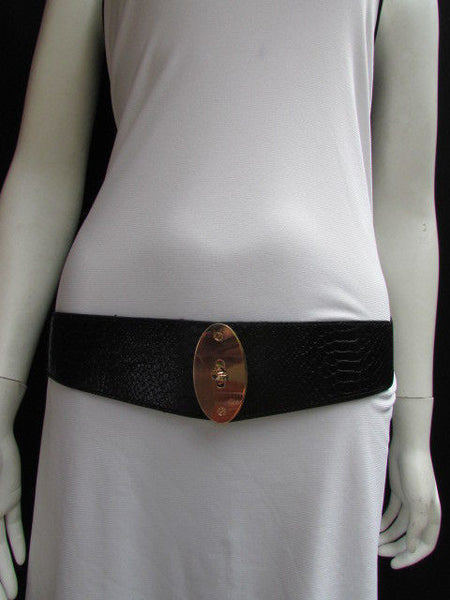 Brown / Black Faux Leather Waist Hip Elastic Belt Big Gold Oval Buckle New Women Fashion Accessories XS To M - alwaystyle4you - 20