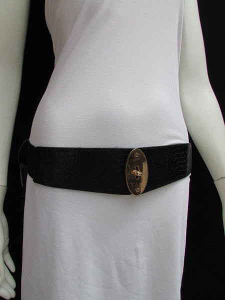 Brown / Black Faux Leather Waist Hip Elastic Belt Big Gold Oval Buckle New Women Fashion Accessories XS To M - alwaystyle4you - 21
