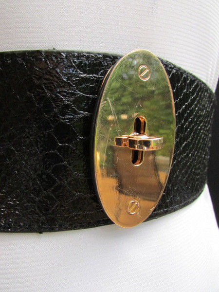 Brown / Black Faux Leather Waist Hip Elastic Belt Big Gold Oval Buckle New Women Fashion Accessories XS To M - alwaystyle4you - 23