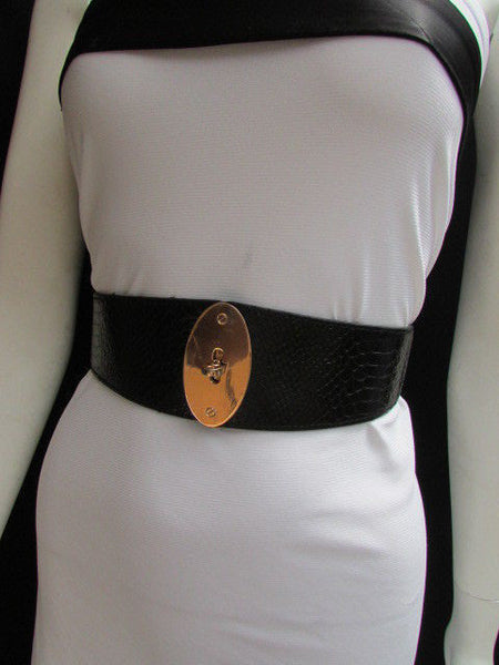 Brown / Black Faux Leather Waist Hip Elastic Belt Big Gold Oval Buckle New Women Fashion Accessories XS To M - alwaystyle4you - 24