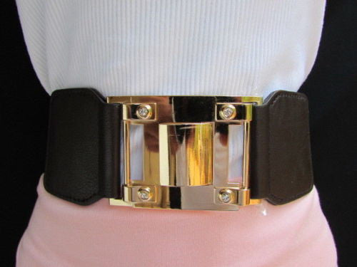 Dark Brown Elastic Waist Hip Belt Big Gold Metal Hook Buckle New Women Fashion Accessories M L
