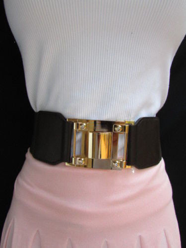 Dark Brown Elastic Waist Hip Belt Big Gold Metal Hook Buckle New Women Fashion Accessories M L - alwaystyle4you - 12