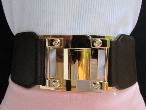 Dark Brown Elastic Waist Hip Belt Big Gold Metal Hook Buckle New Women Fashion Accessories M L - alwaystyle4you - 5