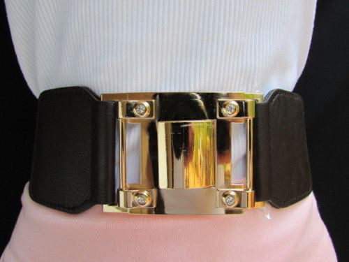 Dark Brown Elastic Waist Hip Belt Big Gold Metal Hook Buckle New Women Fashion Accessories M L - alwaystyle4you - 8