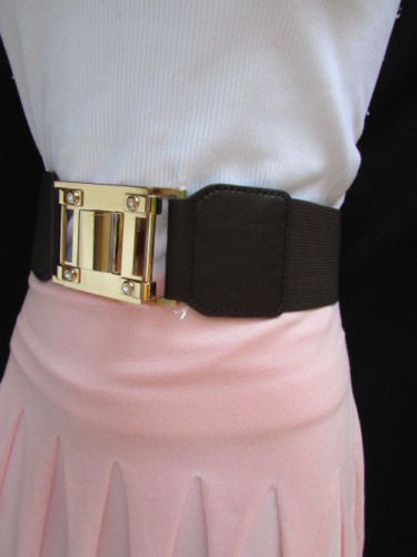 Dark Brown Elastic Waist Hip Belt Big Gold Metal Hook Buckle New Women Fashion Accessories M L - alwaystyle4you - 9
