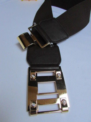 Dark Brown Elastic Waist Hip Belt Big Gold Metal Hook Buckle New Women Fashion Accessories M L - alwaystyle4you - 10