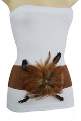 Women Brown Faux Leather Elastic Belt Fashion Flower Shape Feather Hip Waist M L XL
