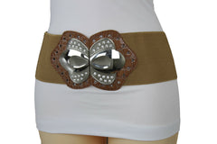 Women Mocha Brown Belt Elastic Fashion Hip High Waist Silver Metal Buckle M L XL