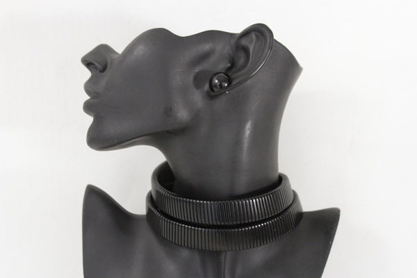New Women Sexy Black Mesh Metal 2 Wide Strands Dressy Choker Fashion Necklace Earring Set