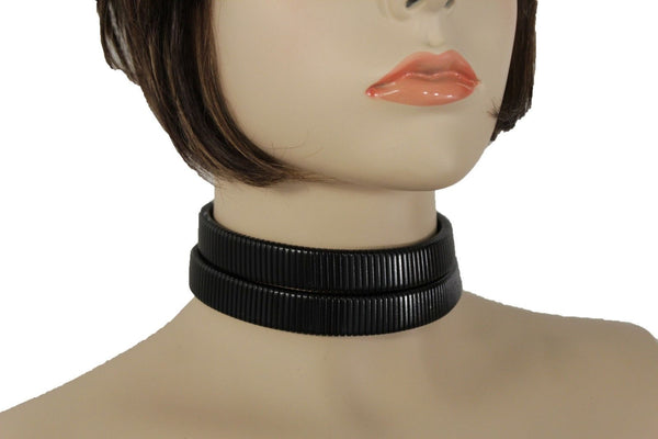 New Women Sexy Black Mesh Metal 2 Wide Strands Dressy Choker Fashion Necklace Earring Set