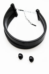 Women Sexy Black Mesh Metal 2 Wide Strands Dressy Choker Fashion Necklace Earring Set