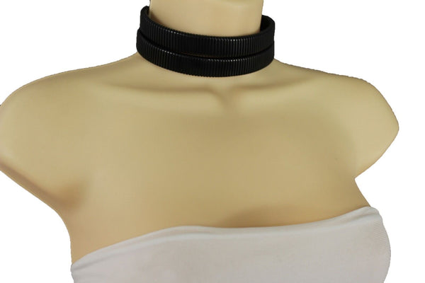 New Women Sexy Black Mesh Metal 2 Wide Strands Dressy Choker Fashion Necklace Earring Set