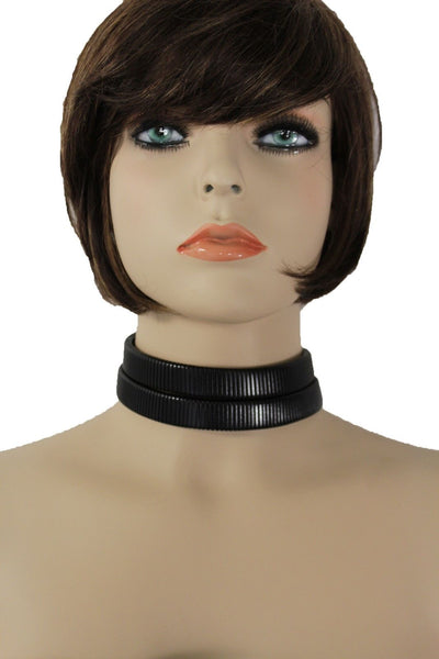 New Women Sexy Black Mesh Metal 2 Wide Strands Dressy Choker Fashion Necklace Earring Set