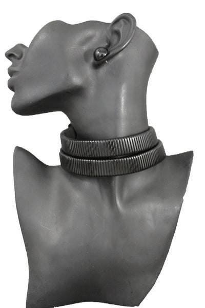 New Women Sexy Black Mesh Metal 2 Wide Strands Dressy Choker Fashion Necklace Earring Set