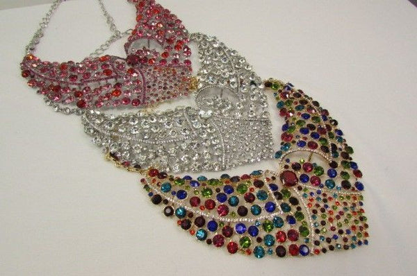 Red With Pink / Silver / Multi Colored Rhineston Bid Collar Metal Chains Necklace + Earrings Set New Women Fashion - alwaystyle4you - 4