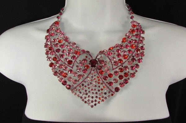 Red With Pink / Silver / Multi Colored Rhineston Bid Collar Metal Chains Necklace + Earrings Set New Women Fashion - alwaystyle4you - 43