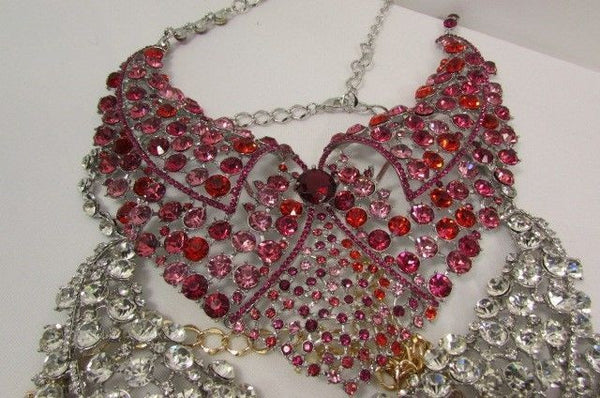 Red With Pink / Silver / Multi Colored Rhineston Bid Collar Metal Chains Necklace + Earrings Set New Women Fashion - alwaystyle4you - 46