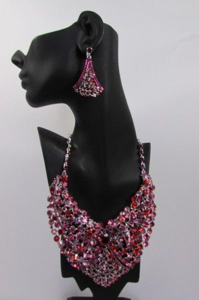 Red With Pink / Silver / Multi Colored Rhineston Bid Collar Metal Chains Necklace + Earrings Set New Women Fashion - alwaystyle4you - 34