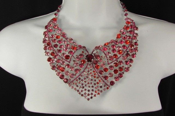 Red With Pink / Silver / Multi Colored Rhineston Bid Collar Metal Chains Necklace + Earrings Set New Women Fashion - alwaystyle4you - 41