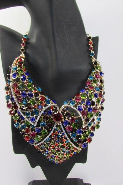 Red With Pink / Silver / Multi Colored Rhineston Bid Collar Metal Chains Necklace + Earrings Set Women Fashion - alwaystyle4you - 1